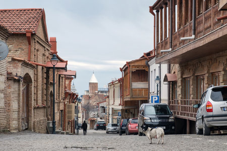 Telavi, Georgia, January, 18, 2021: Old historical part of Telavi town with cobble stone street and brick houses, capital city of Kakheri region, Georgiaのeditorial素材