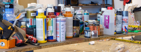 Batumi, Georgia, May, 17, 2021: Art studio, Paints and art equipments on the tableのeditorial素材