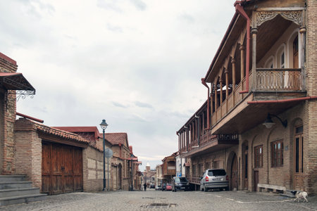 Telavi, Georgia, January, 18, 2021: Old historical part of Telavi town with cobble stone street and...