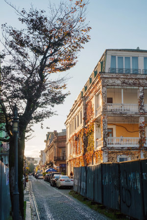 Batumi, Georgia, November 24, 2018 : View of a street in old district of Batumi at sunsetのeditorial素材