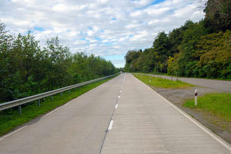 Landscape of empty road and green overgrown roadsides with plants.