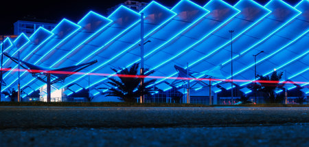 Batumi, Georgia, October, 1, 2021: Batumi Stadium, Night view of the illuminated modern building constructionのeditorial素材