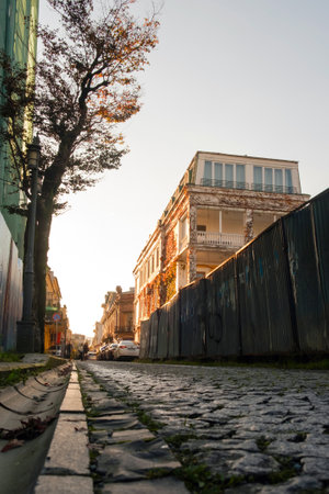 Batumi, Georgia, November 24, 2018 : View of a street in old district of Batumi at sunsetのeditorial素材