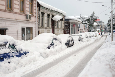 Batumi, Georgia, January 31, 2017. Snowy street through the old houses in the district of Batumiのeditorial素材