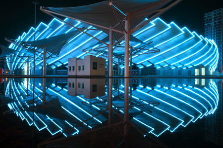 Batumi, Georgia, October, 22, 2021: Batumi Stadium, Night view of the illuminated modern building...