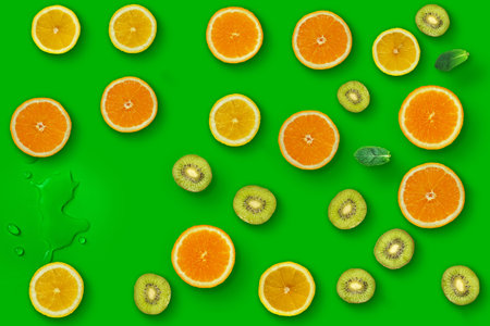Fresh juicy slices of lemon, kiwi fruit and orange on bright green background covered with water drops. Creative food background, top viewの写真素材