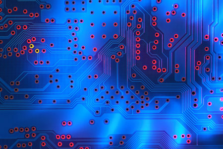 High tech blue electronic circuit board background, close upの写真素材