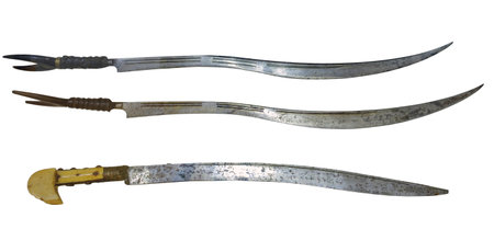 Set of antique asian steel swords isolated on a white backgroundの写真素材