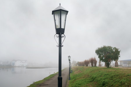 A black vintage lamppost in the misty parkの写真素材