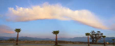 Blue sky with long white cloud above the landscape with palm treesの写真素材