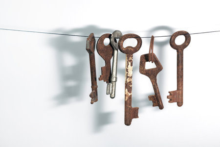 A different old retro rusty keys from different locks hanging on string with a drop shadow on a white wallの写真素材