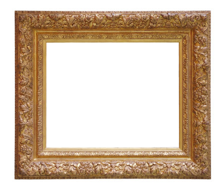 Old vintage golden frame isolated on a white backgroundの写真素材