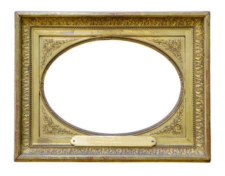 Old vintage golden frame with round middle isolated on a white backgroundの写真素材