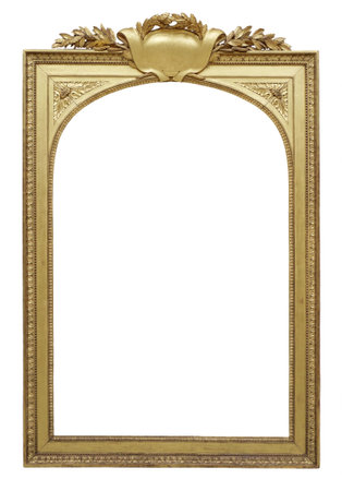 Old vintage golden frame with arch in the middle isolated on a white backgroundの写真素材