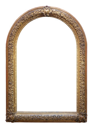 Arch shape old vintage golden frame isolated on a white backgroundの写真素材
