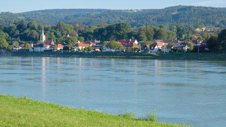 View of an Austrian village on a Danube river bank. District of Melk, lower Austriaの写真素材