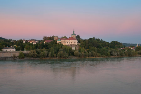 Evening view of an Austrian village on a Danube river bank. District of Melk, lower Austriaの写真素材