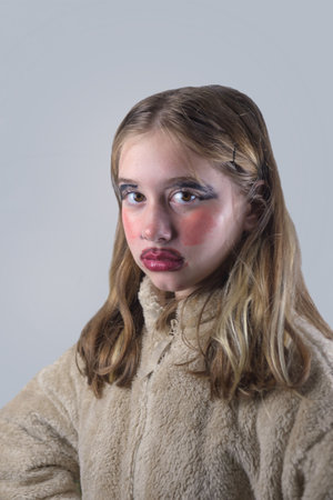 A girl's face with bad smudged makeupの写真素材