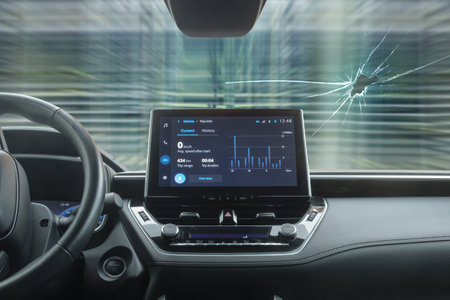 Modern car interior with broken and cracked windshieldの写真素材