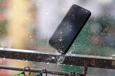 A black smartphone falling and crashing on wet metal rail on a heavy rainy day. accident with smartphoneの写真素材