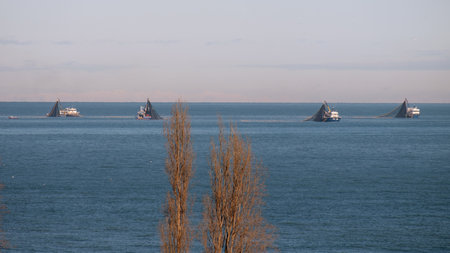 Fishing trawlers in morning lightの写真素材
