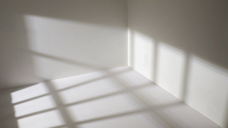 Sunlight from the window shines on the empty room walls and floor