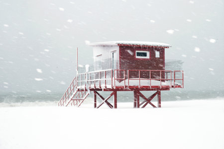 Red lifeguard tower construction on the coast during heavy snowingの写真素材