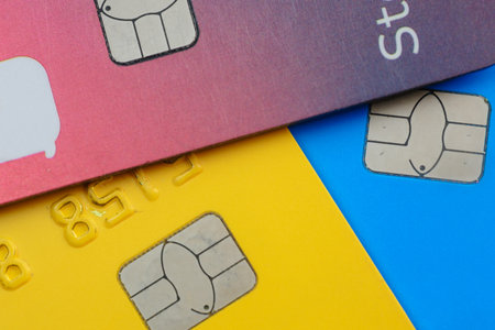 Close up of chip and pin of a credit card, top viewの写真素材