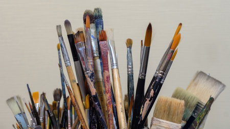 Various professional used paint brushes, selective focusの写真素材