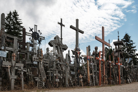 View of holy hill of crosses, place of pilgrimage and worship of Christians around worldの写真素材