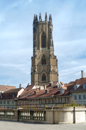 The tower of the Saint-Nicolas Cathedral (Fribourg Cathedral) in Fribourg, Switzerland.の写真素材