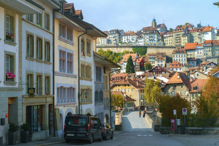 View of the Swiss town of Fribourg old street and historical housesの写真素材