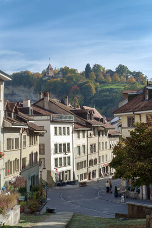 View of the Swiss town of Fribourg old street and historical houses