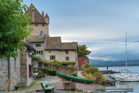 Medieval village of Yvoire on the French shore of Lake Genevaの写真素材
