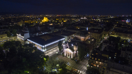 Aerial view of the National theater by night, May 1, Sofia, Bulgariaのeditorial素材