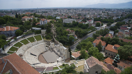 Aerial view of the ancient Roman theater, May 6, Plovdiv, Bulgaria