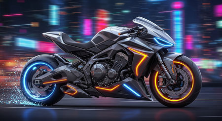 Futuristic motorcycle speeding through a neon-lit city at night