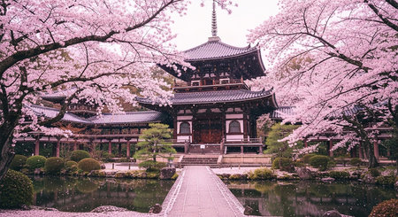 Serene Japanese temple surrounded by blooming cherry blossom trees