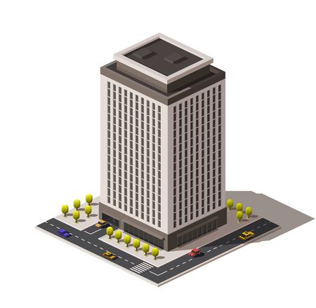 Isometric vector low poly icon or illustration. A building with apartments, a skyscraper, an office building with roads and cars to create city maps.のイラスト素材