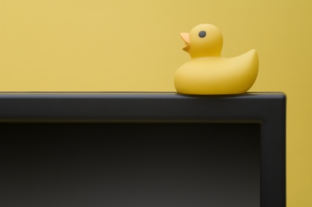 Closeup of rubber duck on monitorの写真素材