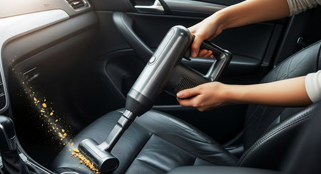 Cropped image of woman cleaning car interior with vacuum cleaner. Mixed mediaの素材