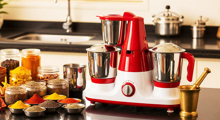 Red juicer with variety of spices on a kitchen countertop.の素材