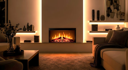 Interior of modern living room with fireplace. 3D rendering.の素材