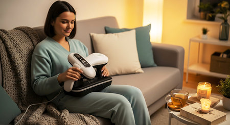 Beautiful young woman using contactless payment terminal on sofa at homeの素材