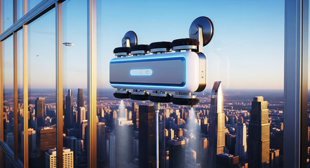 Virtual reality glasses on a skyscraper window. 3D Renderingの素材