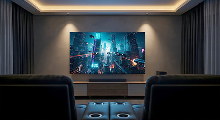 Smart tv set with cityscape on the screen in modern living roomの素材