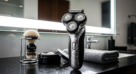 Shaving machine on a black table in a beauty salon. Shaving equipmentの素材