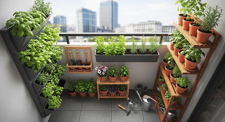 3d render of terrace with garden tools and plants in potsの素材