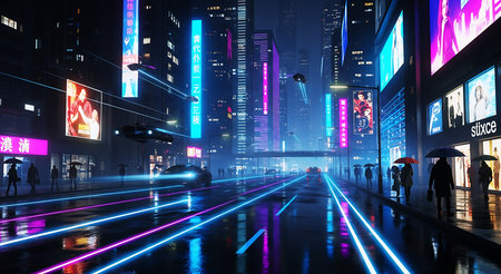 Shanghai city night scene with neon lights and people silhouettesの素材