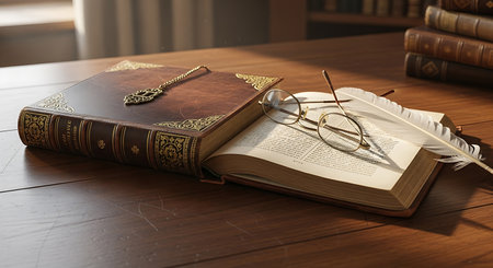 Old book with glasses and a quill pen on a wooden tableの素材